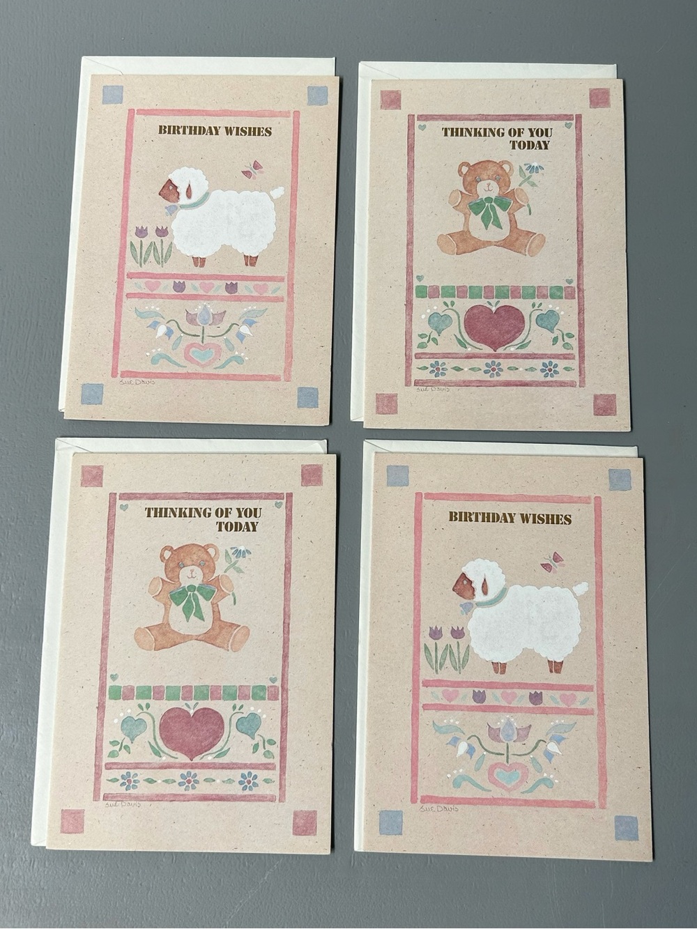Vintage 1980s Country Folk Art Birthday Cards Lot of 4 Teddy Bear Sheep Flecked